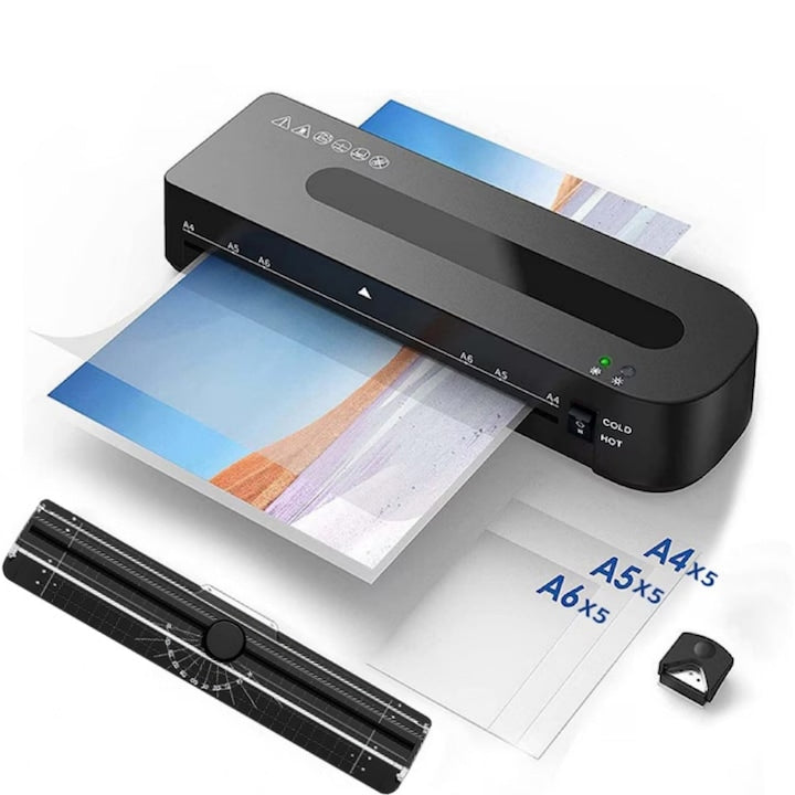 Laminator  set 5 in 1  laminare la cald si la rece  cu incalzire rapida  dispozitiv de taiere a hartiei  perforator pentru colturi rotunjite  15 pungi de laminat  WALALLA  Negru  format A4