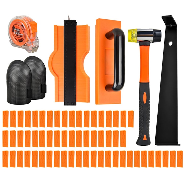 Set de unelte pentru instalare parchet  WALALLA  67 piese  kit 7 in 1  bara de prindere  ciocan cu doua fete  sablon de profil de 10 inch  genunchiere  ruleta  portocaliu deschis