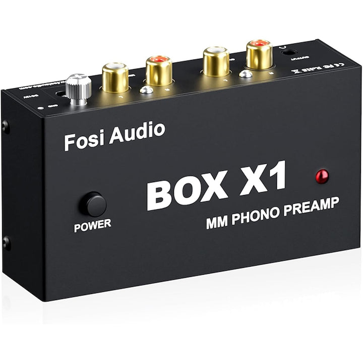 Rqiurpn Phono Preamplifier BOX X1 RCA Output 3.5MM Headphone Output DC 12V Power Supply Gain Adjustment Set with Power Adapter Black
