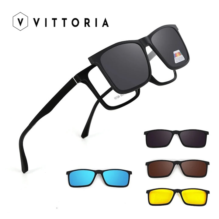 Vittoria - Multifunctional Magnetic Glasses Set, TR90 black frame with 4 clip-on lenses for night driving, polarized, UV400 protective lenses, 12 installments with 0% interest