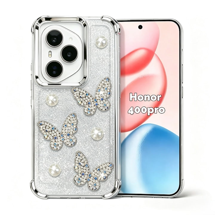 Case for Honor 400 Pro with Pearls and Butterflies, Thickened Airbag Corners, Shockproof, Transparent