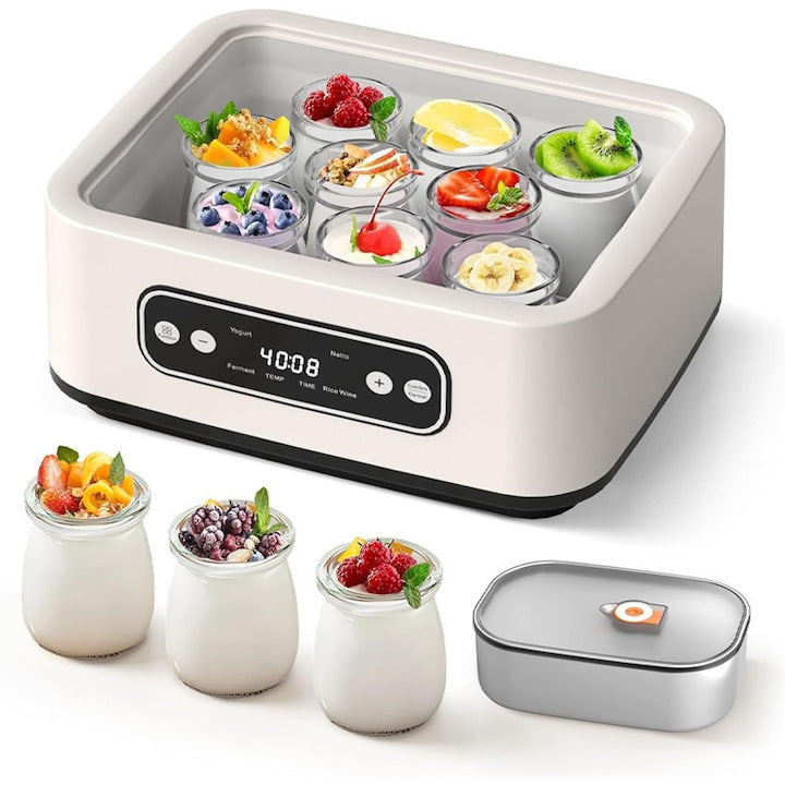 Aparat de Facut Iaurt  Omelivon  1.6L  Include 9 Borcane Sticla 100ml  Automat Multifunctional  Recipient Inoxidabil Alimentar  Termostat Inteligent  Fermentare Tripla Iaurts Bere Orez Natto  Preparare Alimente Acasa  Bej Deschis