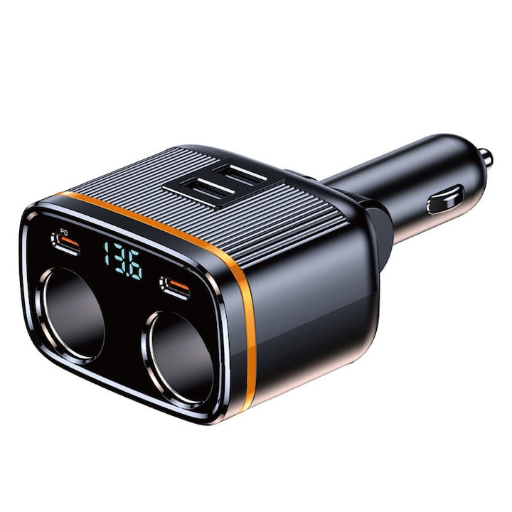 ZOUN PD45W Car Socket Adapter 1-to-2, 145W, 12V/24V, Voltage Display, Overheat Protection, 2 Car Sockets, 2 x USB, 2 x USB-C, Black