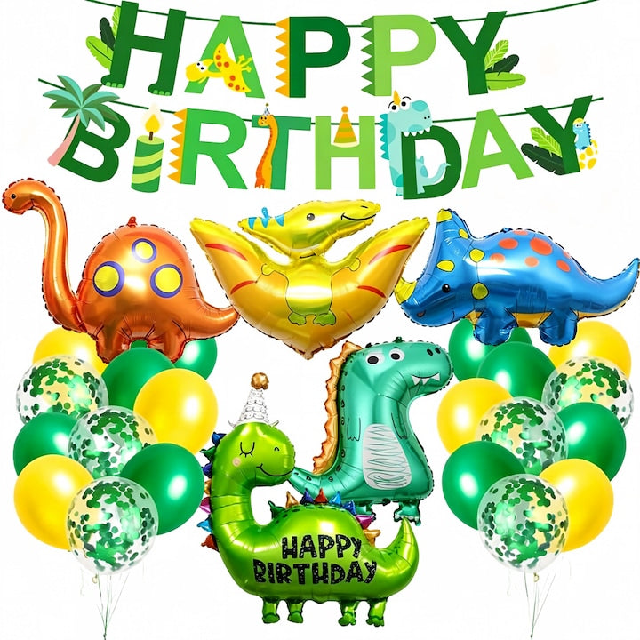 Set Baloane Petrecere Copii Tema Dinozauri - 5 Baloane Folie Dinozauri Mari  Banner Tematic + Baloane Latex