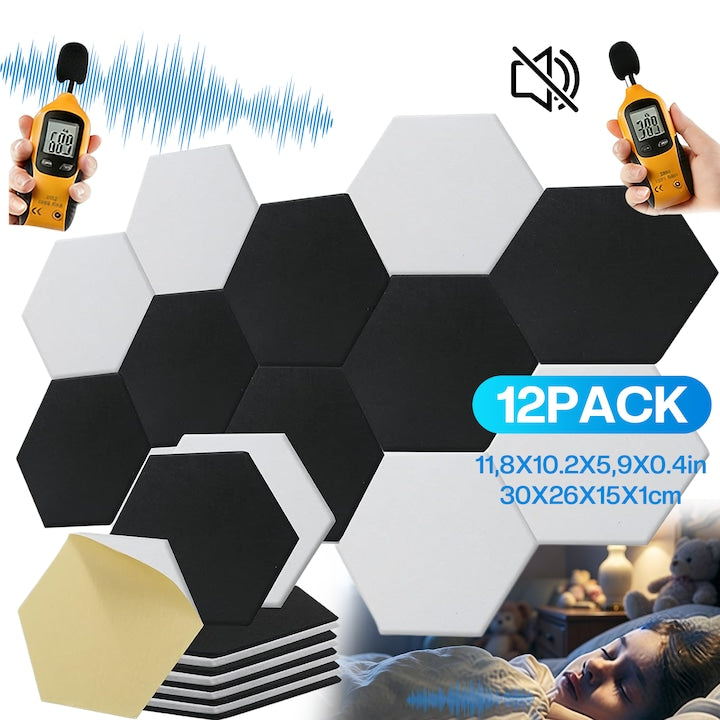 Set 12 Panouri Acustice Autoadezive  Wacorre  Autoadeziv Reduce Zgomotul de Fond Suprafata Este Neteda Sigura si Durabila Hexagonal Rezistente la Flacara Pentru Studiouri de Inregistrari Home Theaters Sali de Conferinte Poliester 30x25x1cm  Negru alb