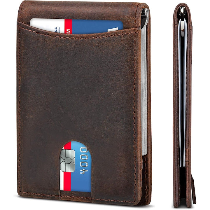 OEM - Portofel barbati ultra-subtire din piele  cu clip pentru bani  tehnologie RFID  culoare cafea vintage 12 rate cu 0% dobândă