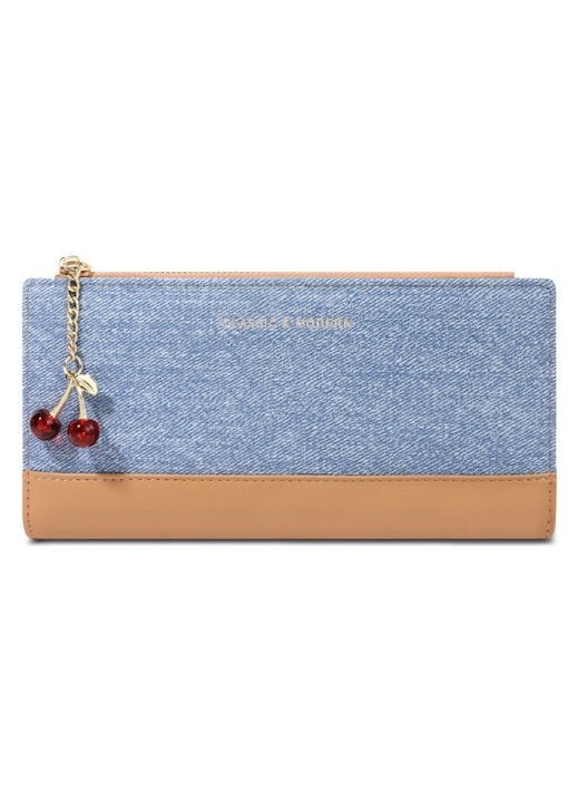 Omelivon - Women's Contrast Denim and Light Brown Leather Wallet, Gold Snap and Zipper, Cherry Keychain 19x10x2cm