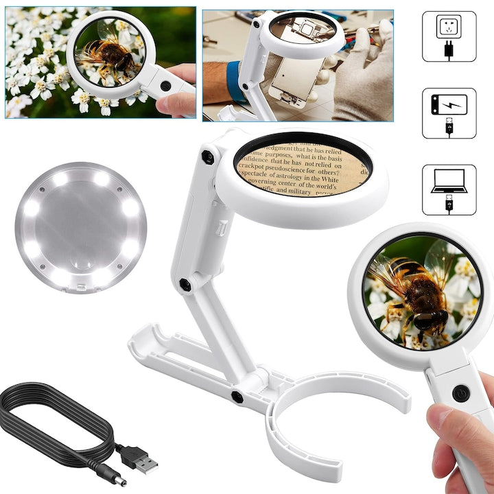 Magnifying Glass with Light and Stand, 5X Portable Magnifier with 8 LED Lights, USB Rechargeable, 2-in-1 Foldable Desk Magnifier for Macular Degeneration, Reading for Seniors, Close Work, Coins, Jewelry