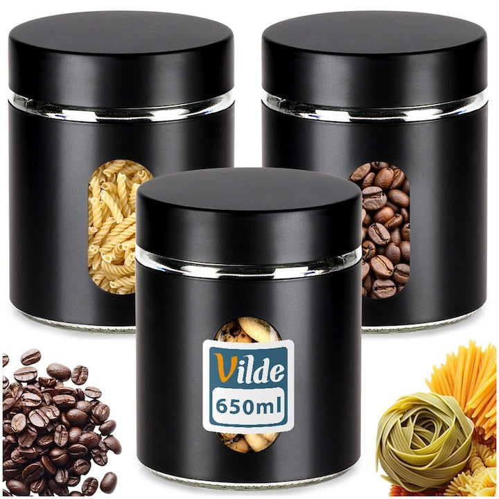 Set 3 Recipiente Alimentare  Vilde  Standard  Capacitate 650 ml  Negru Si Transparent  Sticla Si Plastic  Inchidere Ermetica  Organizator Bucatarie Pentru Depozitare Fainoase