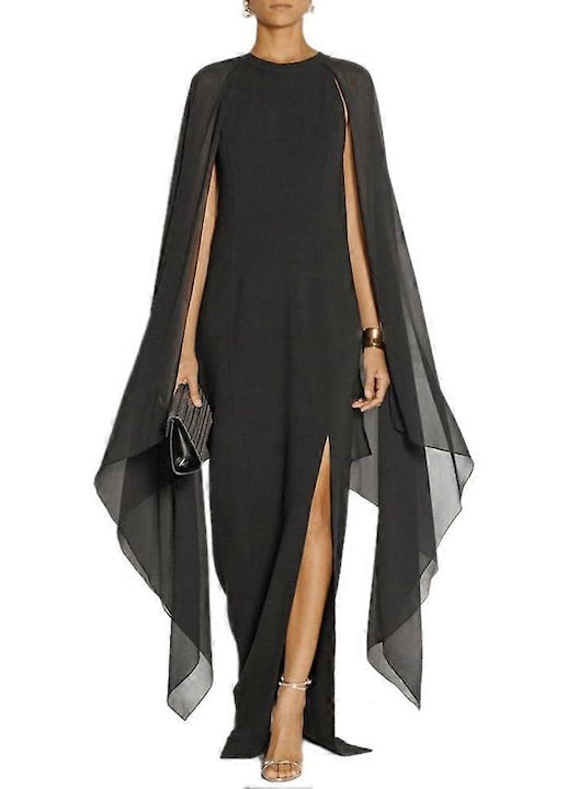 OEM - Rochie de seara maxi  neagra  cu maneci drapate  din sifon  pentru petrecere 12 rate cu 0% dobândă
