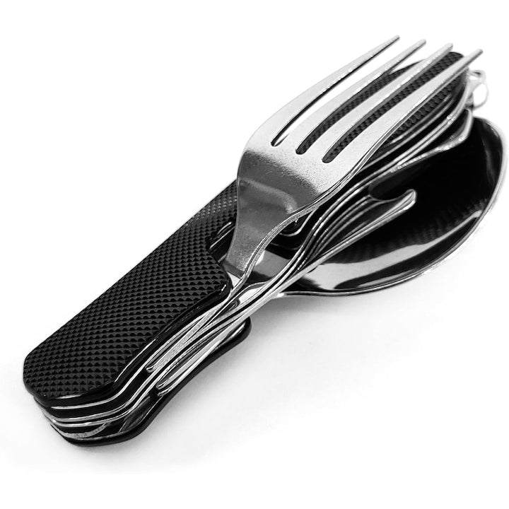 Tacam Pliabil 3 in 1  Lingura  Furculita si Cutit  pentru Camping si Calatorii  Inox  Negru