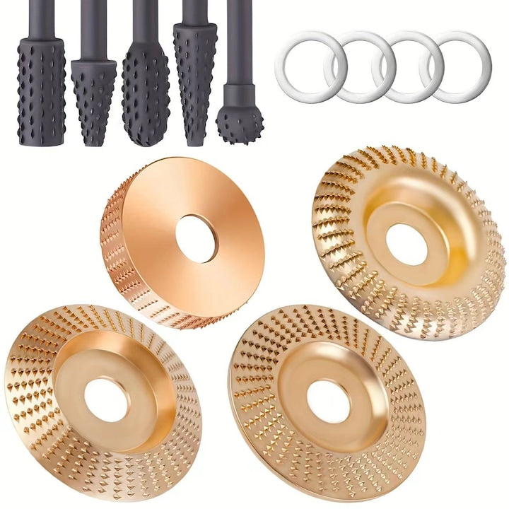 Set multifunctional de roti de slefuit din lemn  9 piese  pentru polizare si sculptare  dimensiuni variate  compatibile cu polizoare unghiulare de 100-125 mm.