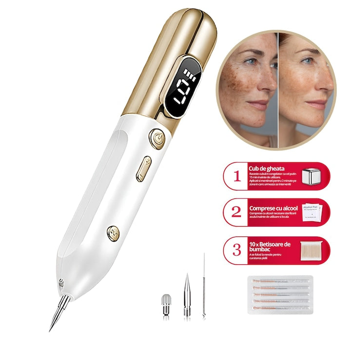 Aparat Plasma Pen LittleDomi  Indepartare Petelor  Negilor  Pistruilor  Cicatricelor  Alunitelor  Tatuajelor  Lifting Pleoape  Ecran LCD  9 Trepte  Portabil  Reincarcabil  Lampa  1x Cub Gheata Inox  2x Servetel cu Alcool  10x Betisoare  Auriu/Alb