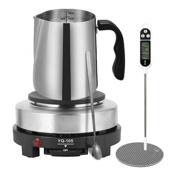 Complete Candle Making Kit Rqiurpn With 900ml Melting Pot Electric Hot Plate Mixing Spoon Thermometer Anti-Scald Pad Heat-Resistant Stainless Steel Silver