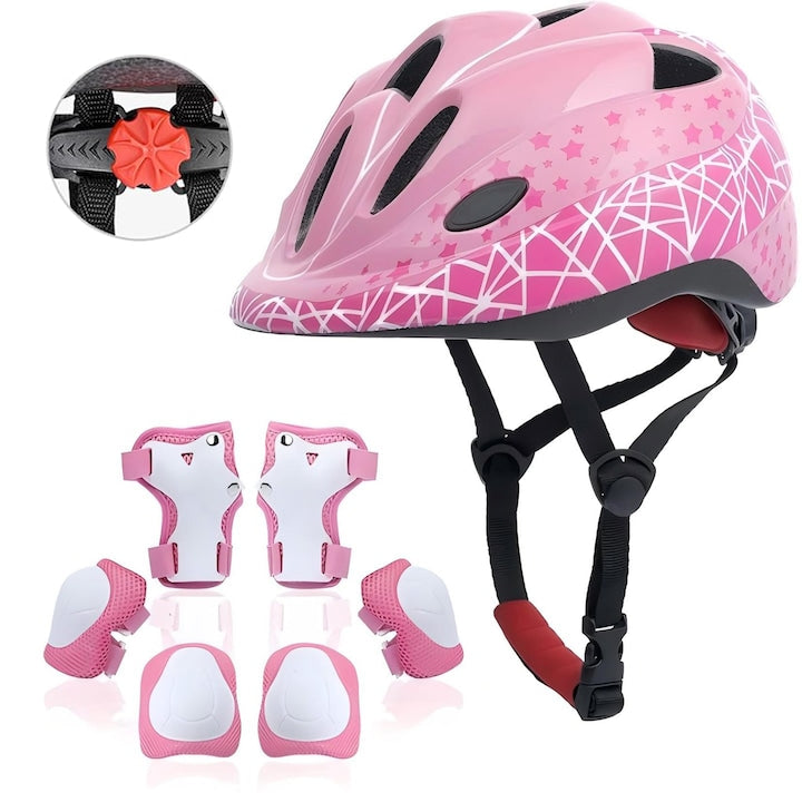 Kids' Sports Helmet and Protection Set, 7-in-1: 1 helmet, 2 knee pads, 2 elbow pads, 2 wrist guards, adjustable, ventilated, for children 3-10 years old, for Skateboard/Bike, Pink