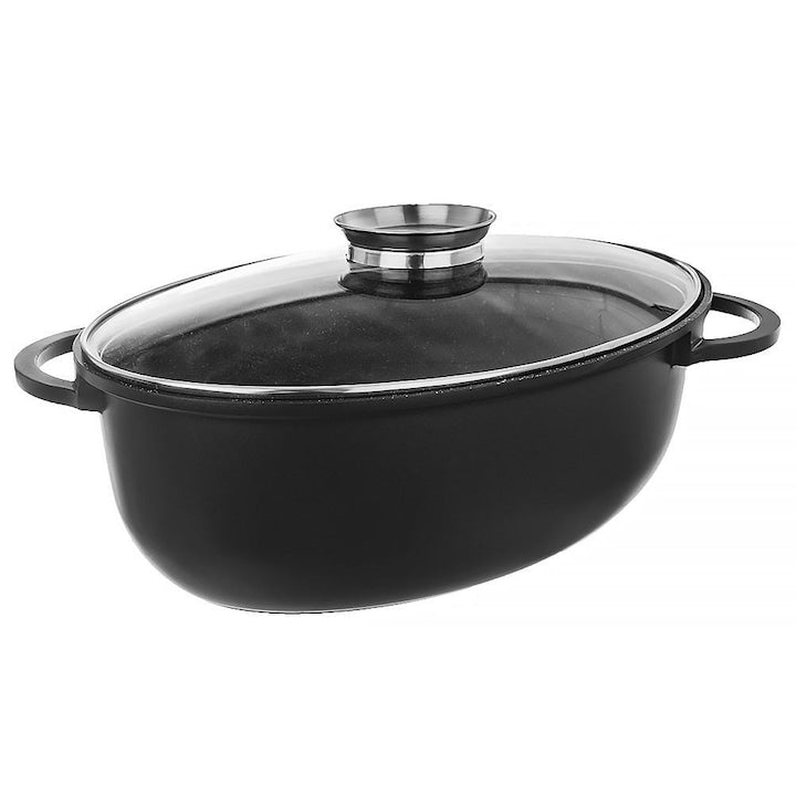 Set Tava Ovala Cu Capac  Orion  Grande  8 L  45x27.5x13 cm  Sticla  Aluminiu  Strat Antiaderent Pfluon Granit  Rezistenta La Temperaturi De Pana La 230 °C  Negru