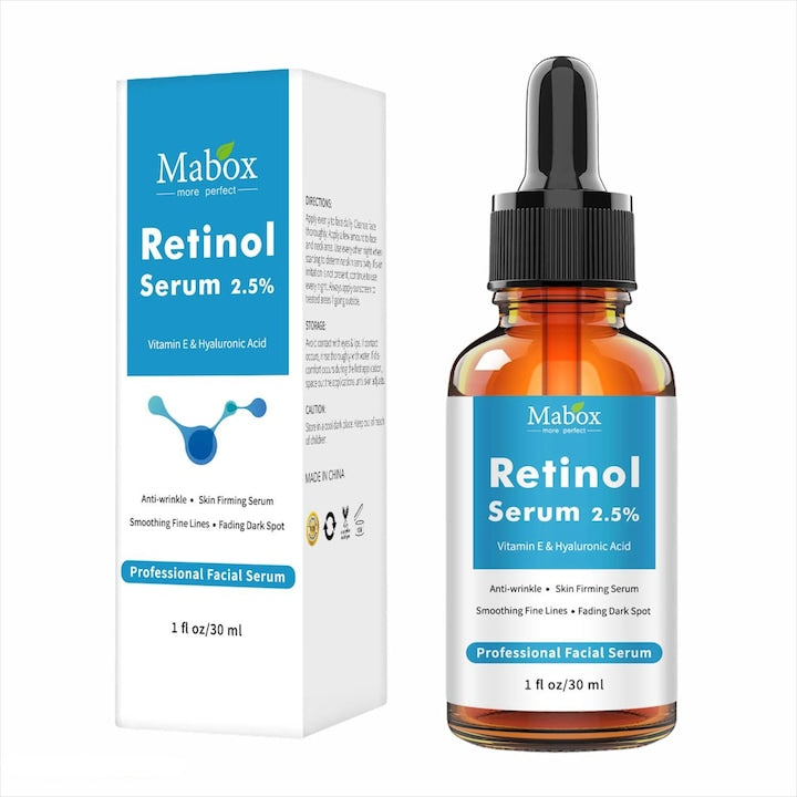 Ser Facial cu Retinol 2.5% Mabox  Cu Vitamina E si Acid Hialuronic  30 ml  Tratament Antirid si Anti-Imbatranire  Hidratare Intensa si Fermitate  Potrivit Pentru Toate Tipurile de Ten  Culoare Transparent