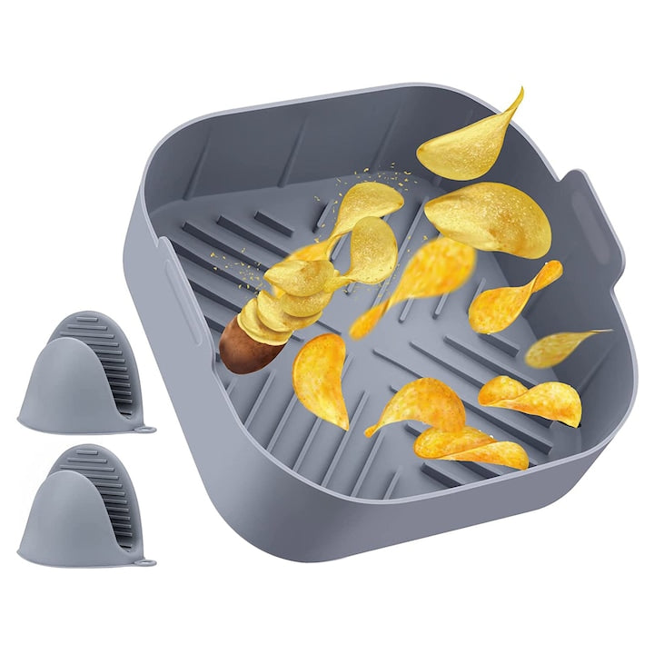 Set 3 accesorii pentru friteuza cu aer  oala de silicon 20 cm si manusi de protectie  pentru modele patrate 5 5-6 5 L  OUYLAF  Gri