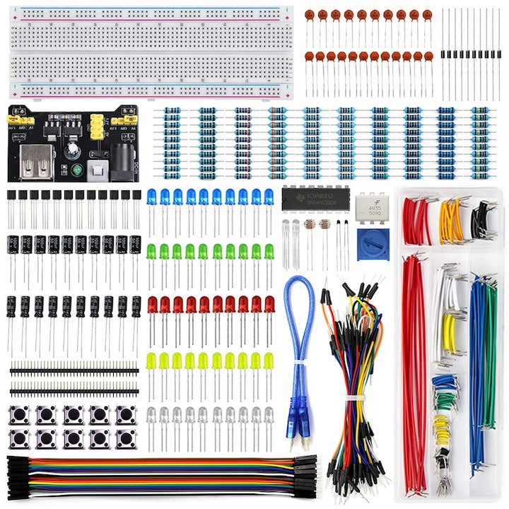 Electronic Fun Kit With Power Supply Modules Breadboard 830 Points Jumper Wires Precision Potentiometer Resistors LEDs Diode Switches Arduino Compatible Raspberry Pi STM32 Educational Kit For Beginners And DIY Projects WALALLA