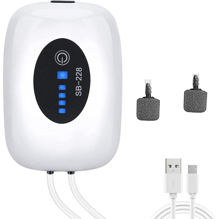 SEBO Portable Rechargeable Aquarium Air Pump, White, 2 Outlets, USB