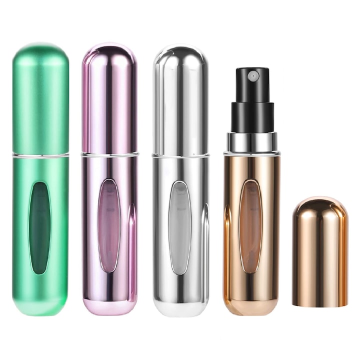 Set 4 flacoane reincarcabile pentru parfum  5 ml  umplere rapida  fereastra de vizualizare  80 x 17 mm  pentru calatorii  Amtok  Multicolor