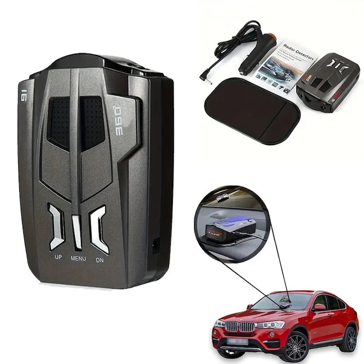 Detector radar V9 Detector radar laser pentru masini si camionete cu 16 benzi si 360°  WALALLA  avertizare vocala  mod orar/autostrada  camere de semaforizare si acoperire completa a drumului  afisaj LED cu mod oras/autostrada  negru