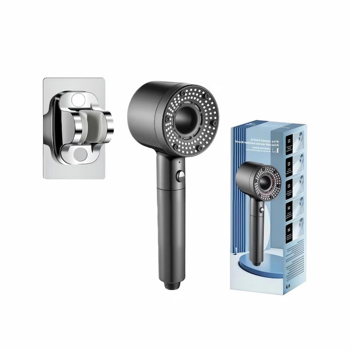 High-Pressure Filtered Shower Head, 5 Adjustable Modes, One-Button Water Stop, Integrated Filter, Drill-Free Holder, Grey