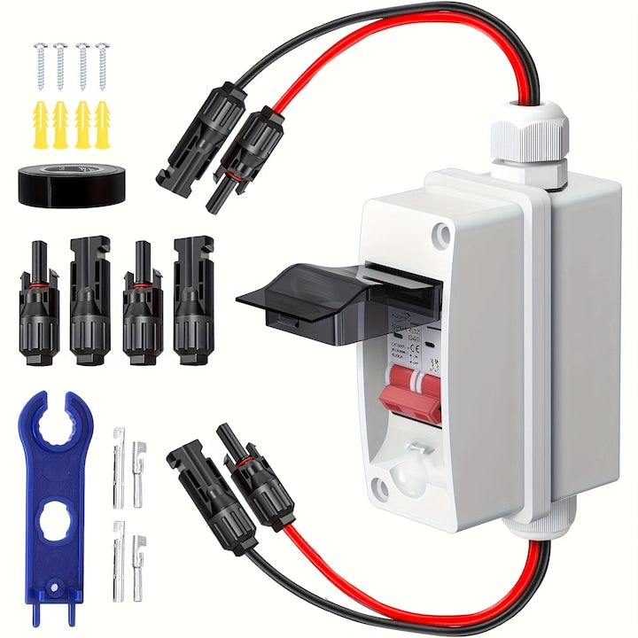 Solar Panel Disconnect Switch 32A 500V DC Miniature Circuit Breaker Photovoltaic Circuit Breaker Battery Isolator with PV Connector and IP65 Waterproof Box for Outdoor PV or AC System