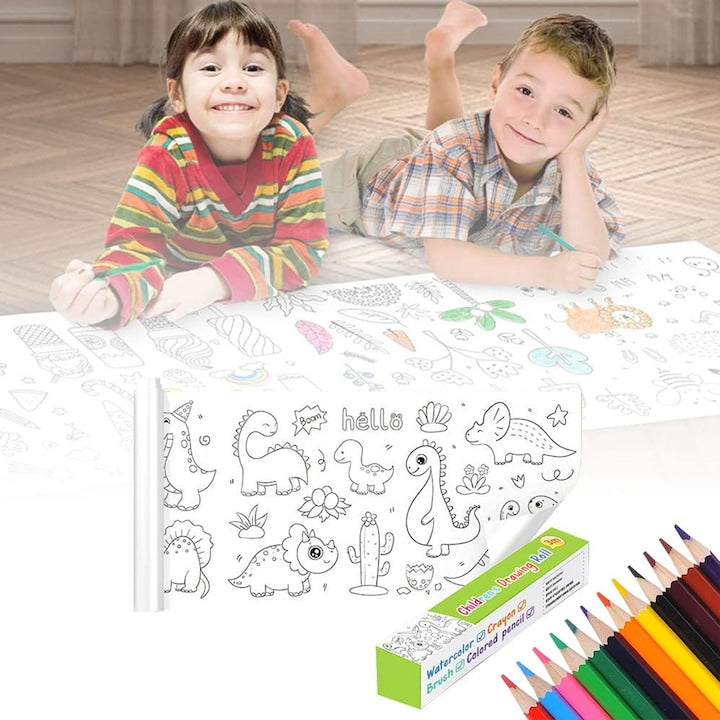 Rola de hartie auto-adeziva si decupabila pentru desenat si colorat  SINBINTA  Cu 12 creioane colorate  Materiale non-yoxice  Poate fi lipita pe usi  perete  podea  fara sa strice suprafata respectiva  300*30cm  Lumea dinozaurilor
