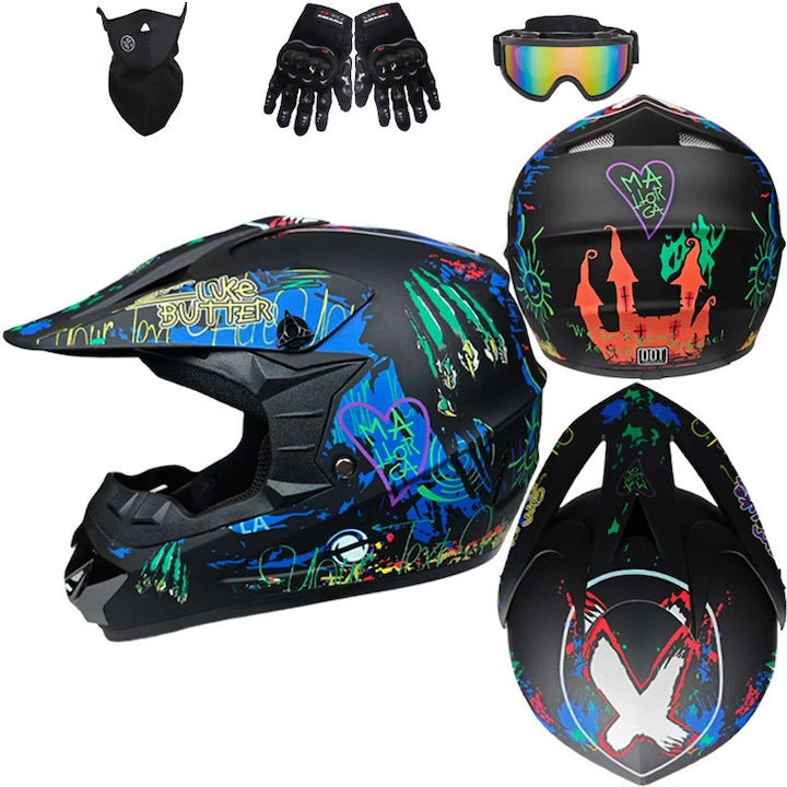 Rqiurpn Motocross Gear Set, Helmet, Goggles, Gloves, Face Guard, Black, S-XL