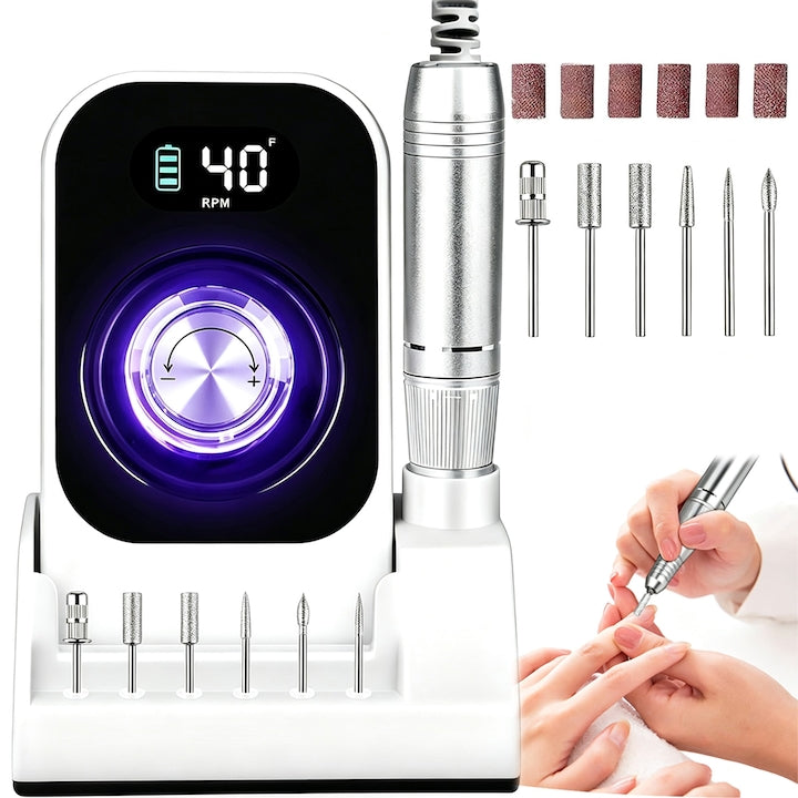 Freza Unghii Electrica  SANSES  cu Suport Pila Electrica Reincarcabila  40000 RPM  Ecran LCD  7 Capete Detasabile  Rotire Inainte/Inapoi  pentru Unghii  Salon Acasa  Cuticule sau Calcaie  Alb