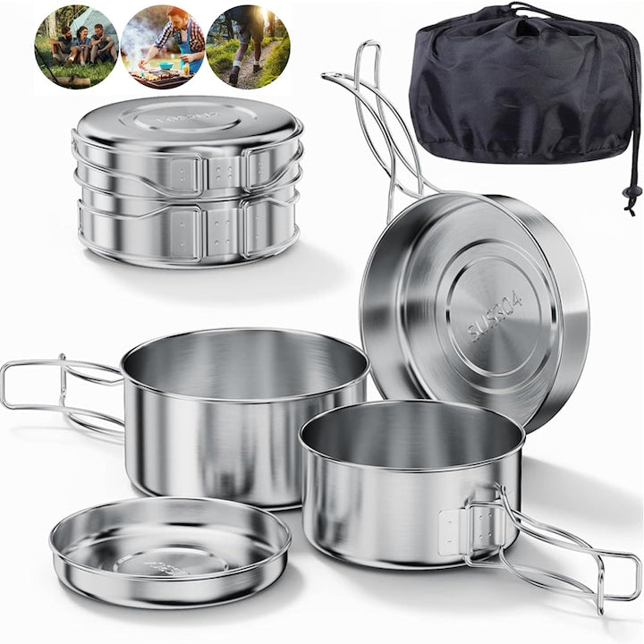 Camping Cookware Set, Camping Pans, 4-Piece Stainless Steel Pot Set, Outdoor Pot and Pan Set with Storage Bag, for Hiking, Camping, Backpacking, Picnics