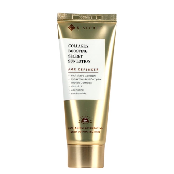 Crema solara  KSECRET  SPF 50+  Contine colagen hidrolizat si niacinamida  ofera protectie UV  hidrateaza  imbunatateste ridurile si lumineaza tenul  reduce semnele imbatranirii si are o textura usoara  non-lipicioasa  60ml
