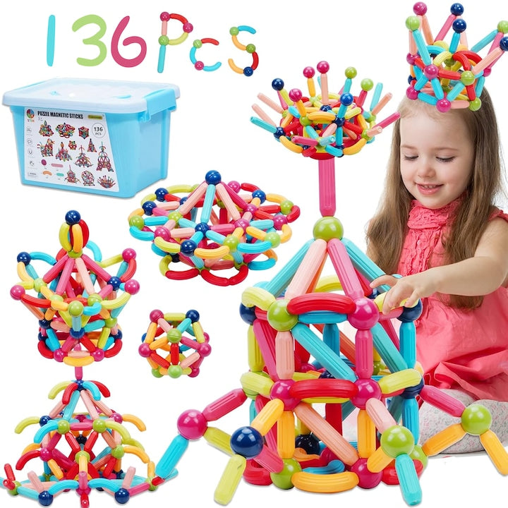 JFYU Magnetic Building Toy Set, 136 Pieces, STEM, Storage Box Included, 3D Construction, Educational, Develops Creativity, Concentration, Patience, Stimulates Imagination and Develops Motor Skills, +3 Years, Multicolor