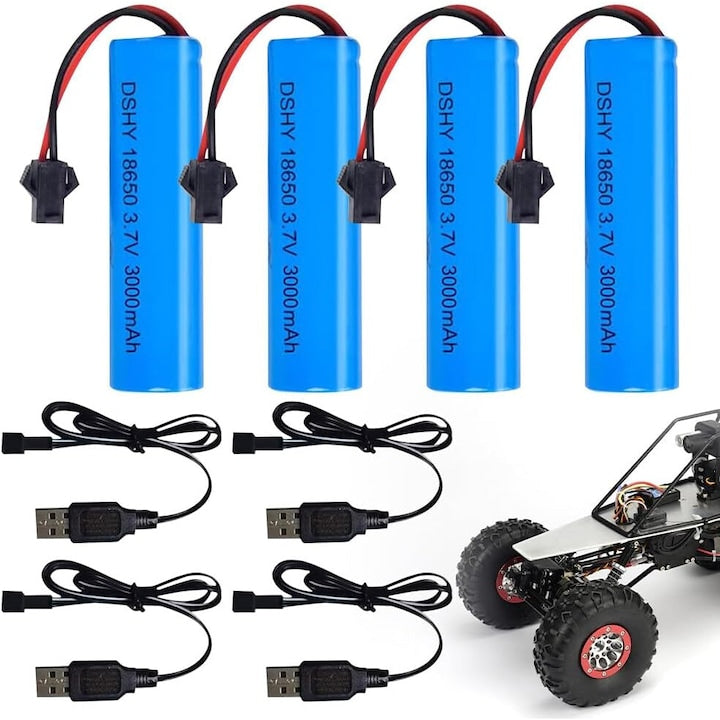 Set of 4 Li-ion Batteries 3.7V 3000mAh with USB Chargers for RC Vehicles SM-2P Plug Compatible with DE45 DE42 1:14 Off-Road and Drift Racing Models