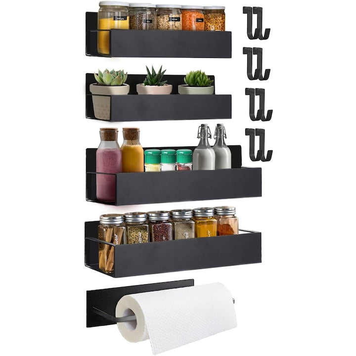 Raft universal cu suport rola prosop  RorAem  Suport magnetic pentru condimente pentru frigider  5 polite  suport rola prosop  8 carlig  Fara gaurire  Instalare usoara si rapida  Robust si durabil  Montat pe perete  Pentru bai si bucatarii  negru