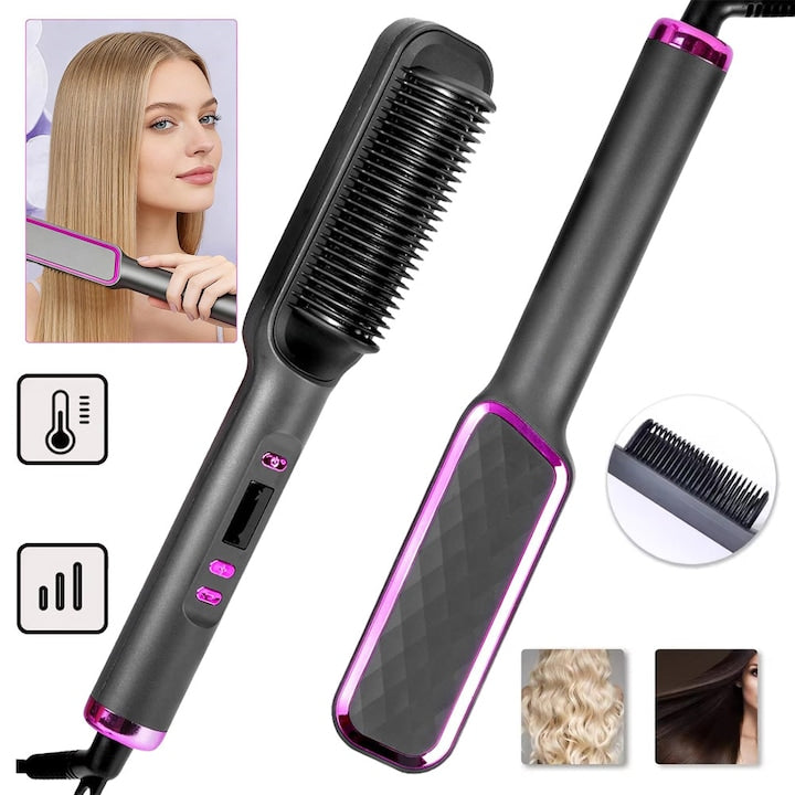 Hair Straightening Brush with Negative Ions, Hair Straightener and Hair Brush 2 in 1, Anti-Scald, Fast Heating, Temperature Settings and LED Display, Professional Styling Tools