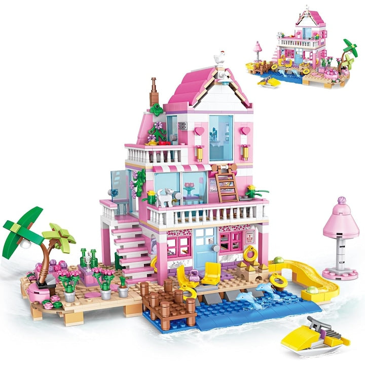 Jucarie Cu Blocuri De Constructie  Roz Seaside Beach Villa Friends Set de constructie  jucarie educationala de constructie pentru copii