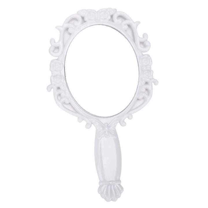 Oglinda de mana pentru machiaj YANYXR BCS3212597  ovala  rama vintage cu model dantela  sticla ecologica  alb  18.5 x 10.5 cm