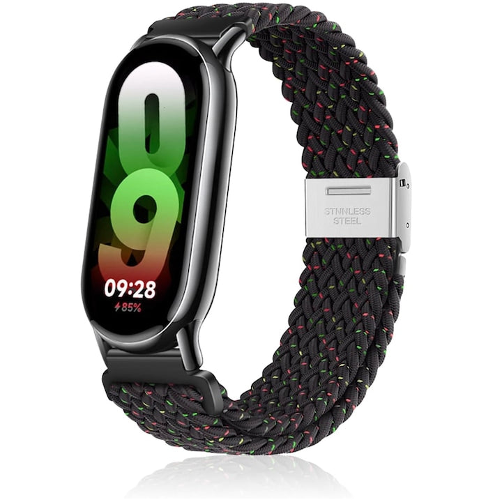 Curea bratara fitness compatibil xiaomi mi band 8/9  curele nailon elastice  cu metal inchizatoare  impletita  confortabila si usor de purtat  Negru