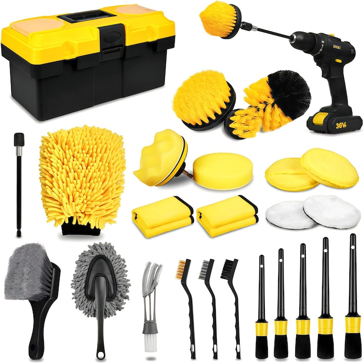 Set 27 detailing auto 5 perii pentru detalii  vine cu 4 carpe absorbante puternice  Instrument de curatare a parbrizului Cap de perie rotativ la 180 de grade  anti-alunecare  atingere moale  Galben