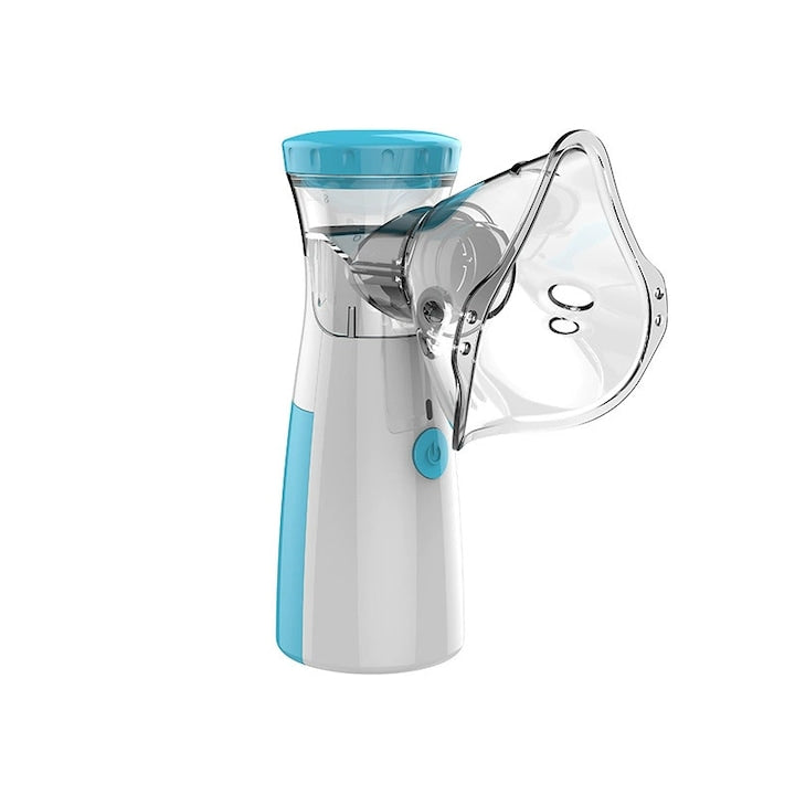 Aparat Aerosoli Omelivon®  Nebulizator Ultrasonic  Portabil  Ultra Silentios  Masca Adulti si Copii  Piesa pentru Gura  Reincarcabil  Alb albastru