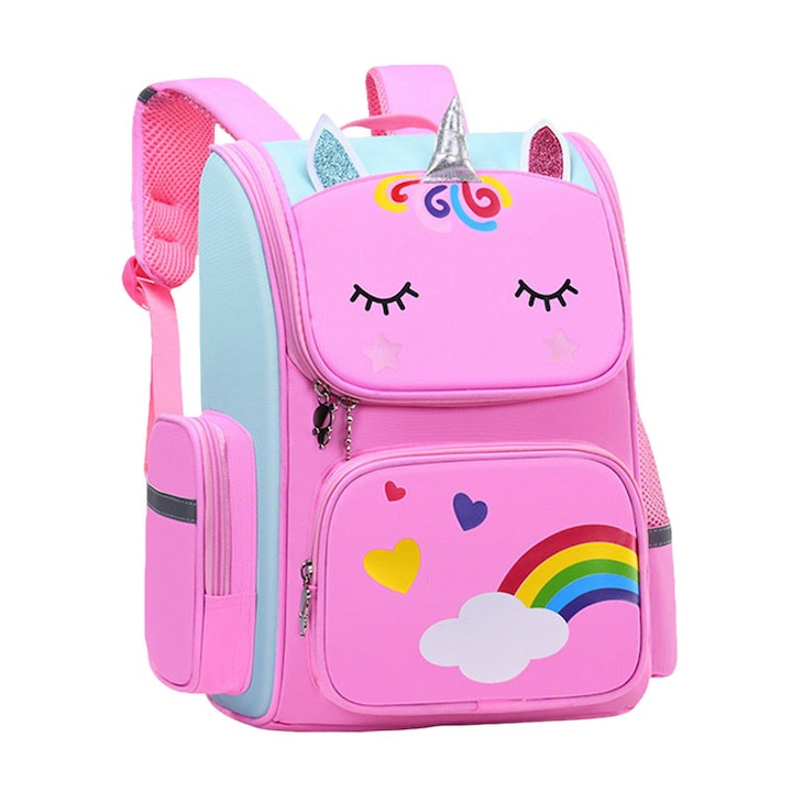 Ghiozdan pentru copii  model unicorn  roz  37x24x12cm  cu multiple buzunare  pentru fete 5-8 ani