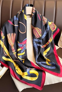 KaMeA - Women's Scarf 90x90cm, black with burgundy border, horseman motif, silk imitation