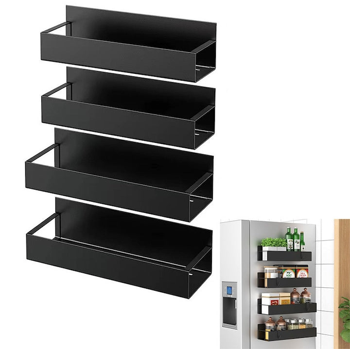 Set de 4 Rafturi Magnetice tip Cutie  Rqiurpn  structura metalica  Organizator Perete Suspendat  Raft Multifunctional Condimente  finisaj negru mat  29.5x9.5x5 cm