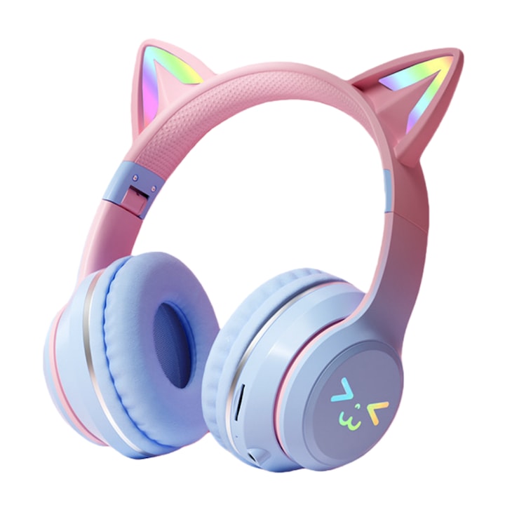 Foldable Wireless Headphones Fantasy RGB Illuminated Cat Ears Full Compatibility Bluetooth 5.1+TF card+plug-in cable Hands-free HiFi Bass Stereo Compatible with mobile phones tablets notebooks Support windows/ios/Android systems