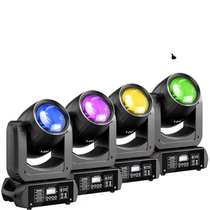 Set 4 moving head LED CJ-CDON-K0238-260825-192  150W pe unitate  DMX512  12 canale  activare prin sunet  8 culori + alb  540° orizontal/180° vertical  AC 110-240V  priza UE  negru