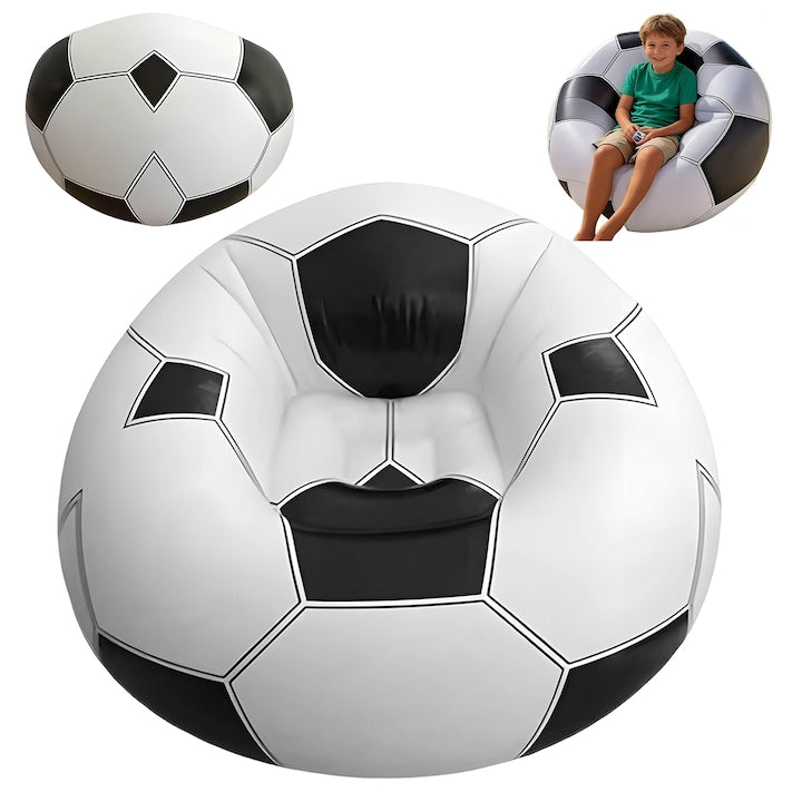 Inflatable Soccer Ball Chair with Curved Backrest, Gaming Pod, 110 x 110 x 71 cm, Quick Inflation/Deflation, Lazy Sofa with Football Print for Living Room, Balcony, Picnic, Camping