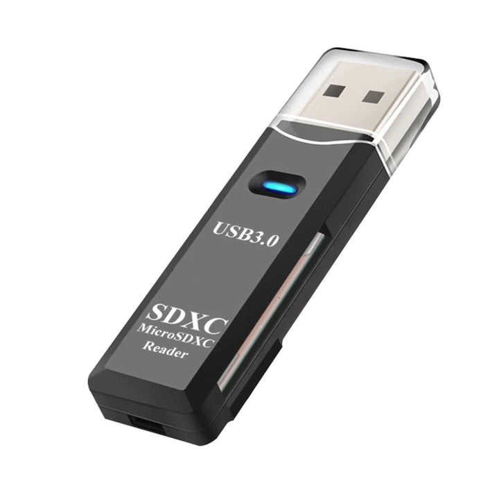 Cititor USB 3.0 pentru carduri SDXC si microSDXC  scriere  stocare si transfer date  indicator LED  cu capac  negru