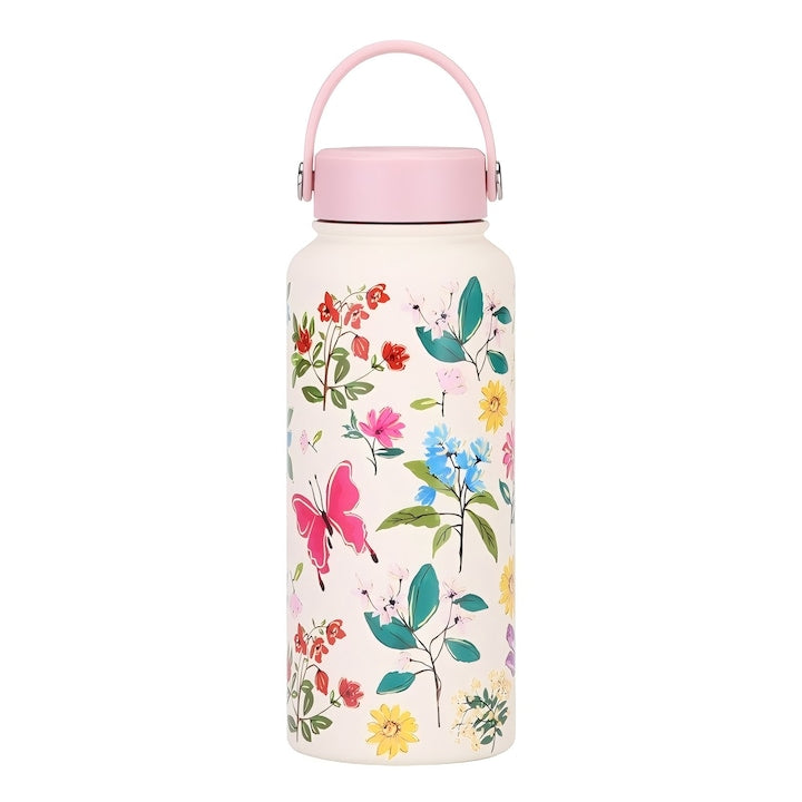 Portable Thermal Mug 1000ml Vacuum Insulated Thermos Bottle 304 Stainless Steel Large Capacity Lid with Handle and Secure Closure Anti-Leak Colorful Flowers and Birds Design